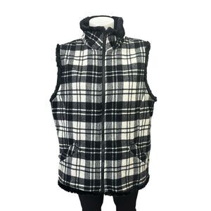Woolrich Vintage Moccasin Plaid Wool Vest Faux Fur Lining Black &‎ White Large